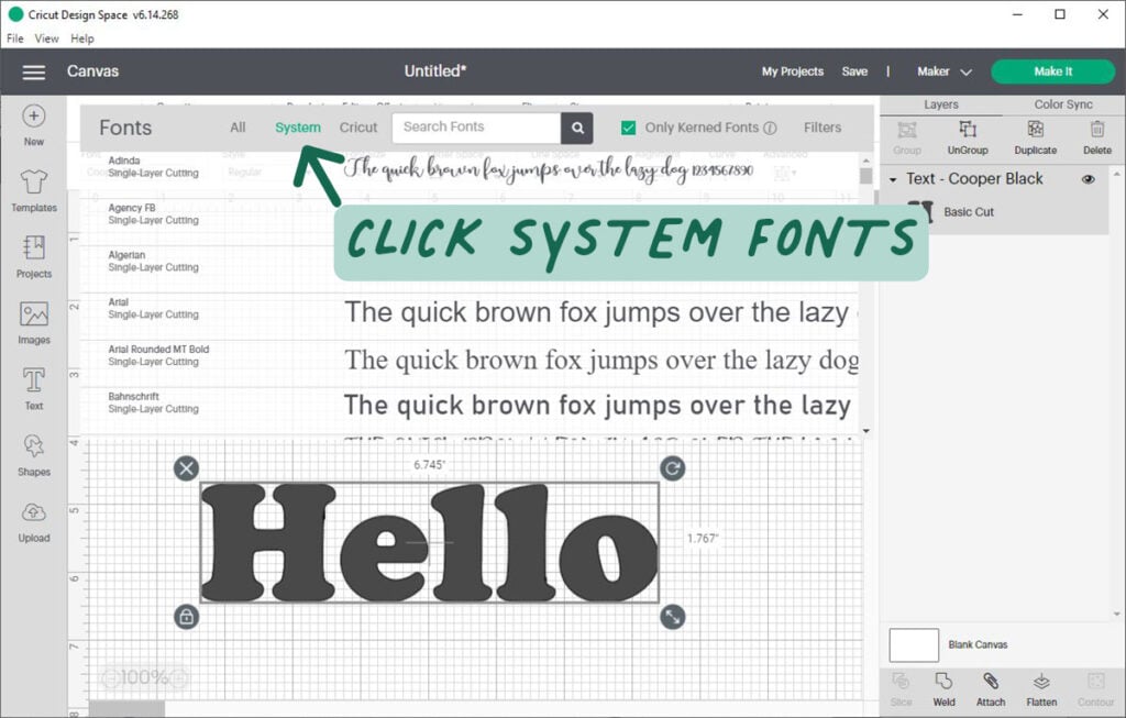 screenshot of cricut design space canvas screen showing the font menu system filter