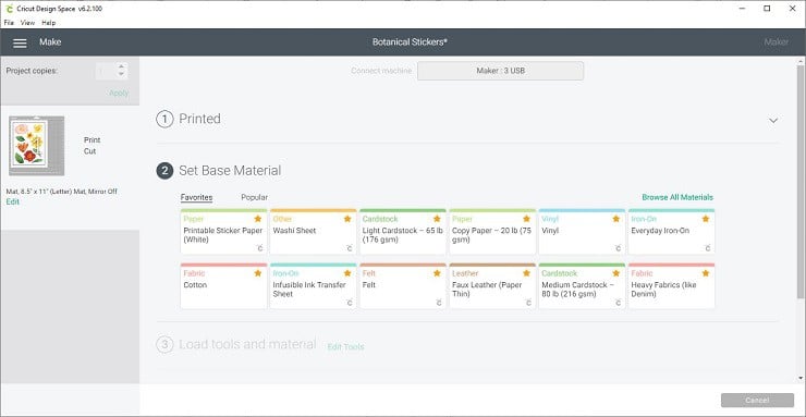 selecting the material settings in Cricut Design Space