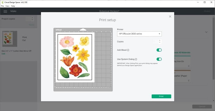 choosing the printer setup in Cricut Design Space