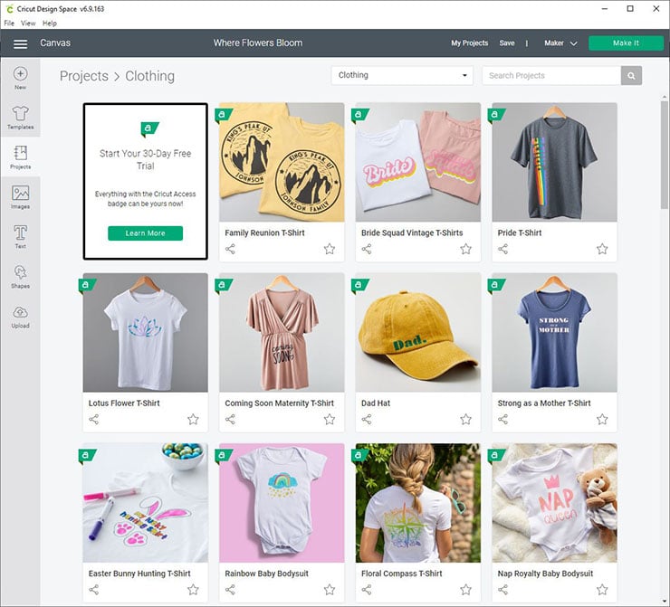 screenshot of the projects in Cricut Design space