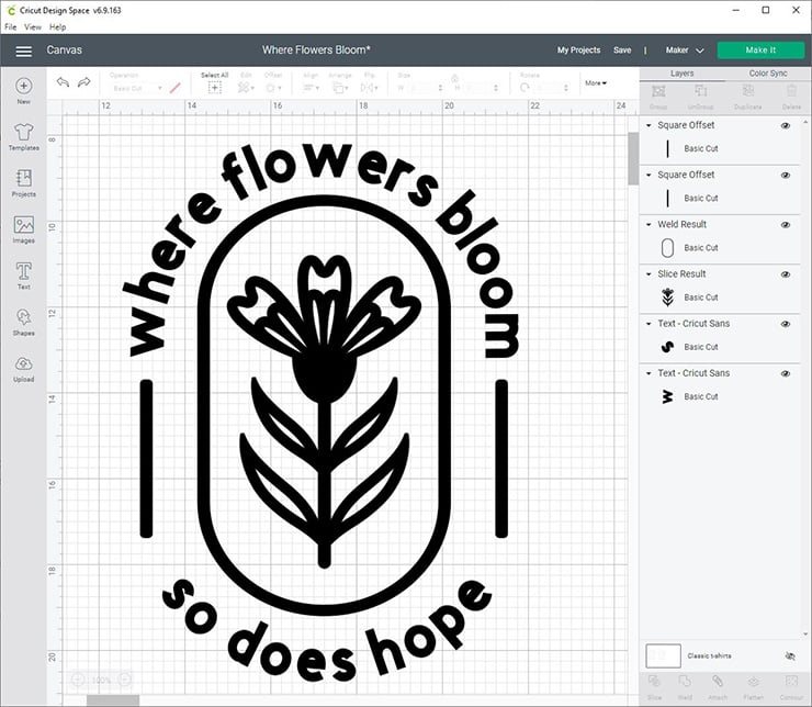 screenshot of the canvas in Cricut Design space