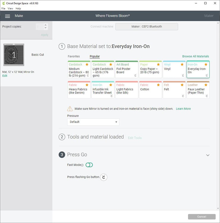 screenshot of the materials selection page in Cricut Design space