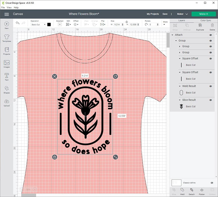 screenshot of the shirt template in Cricut Design space