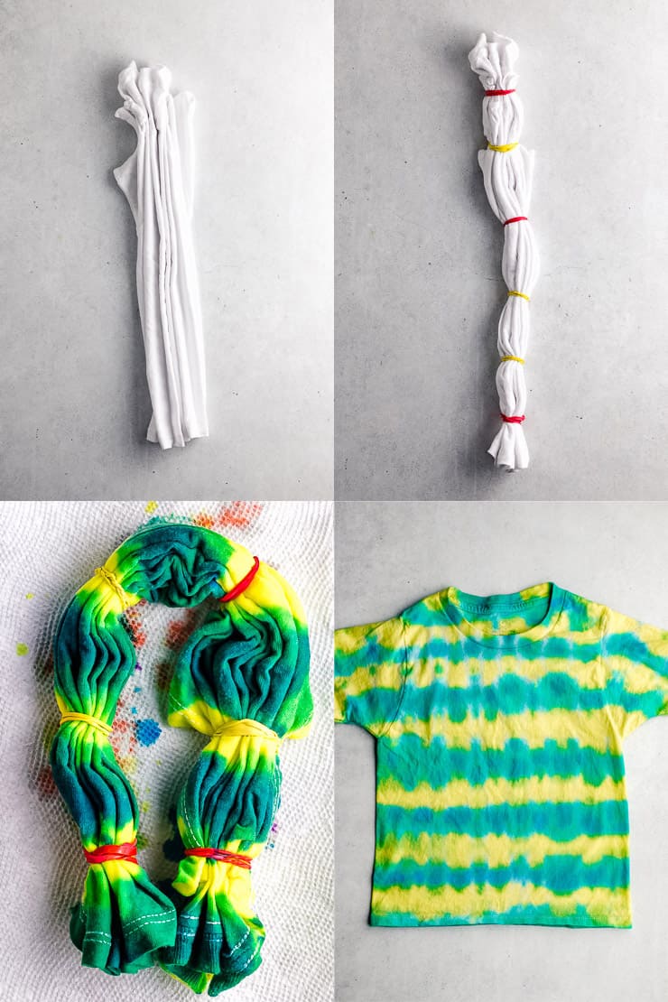  diagramme montrant comment plier un t-shirt pour faire des rayures horizontales avec du tie dye 