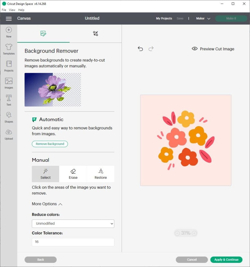Cricut Design Space canvas screen with the manual and automatic Background Remover tools
