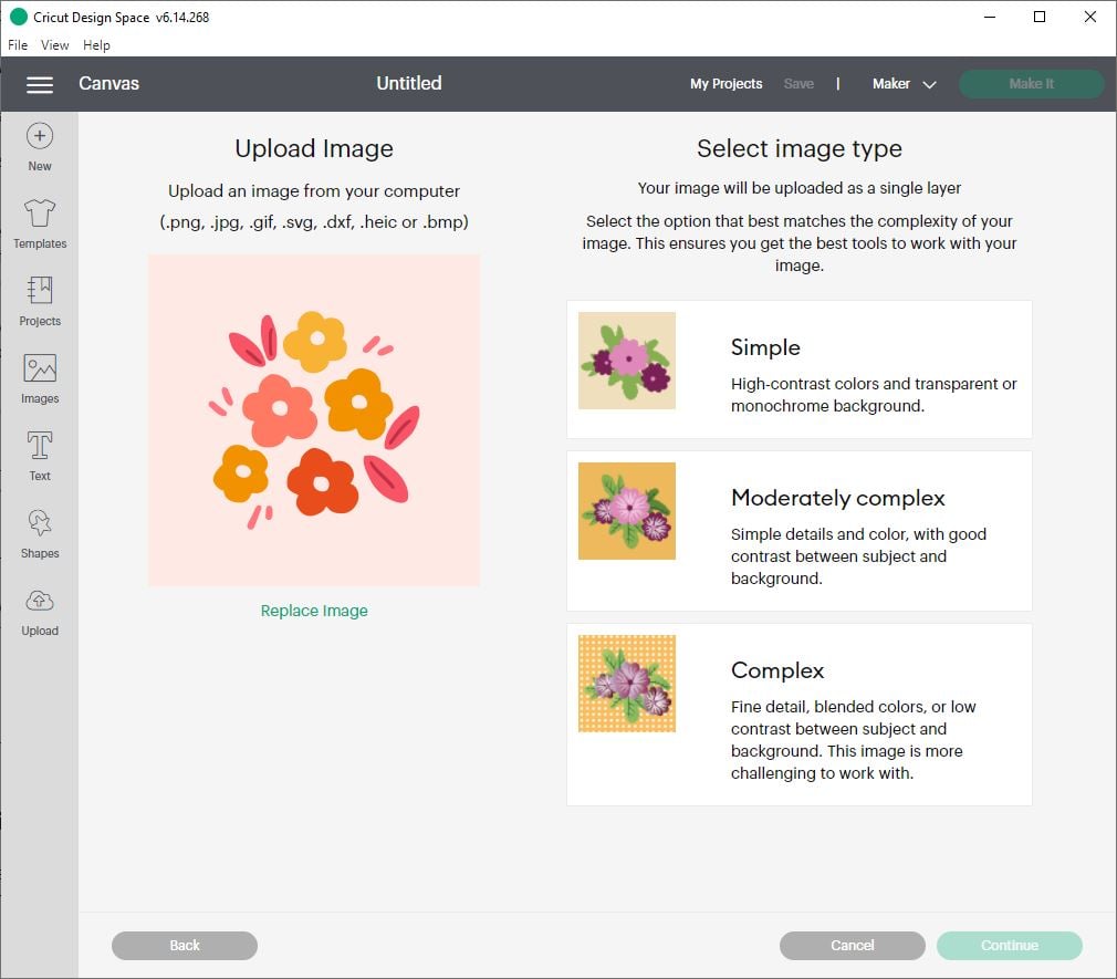 Cricut Design Space screen with the Upload image options