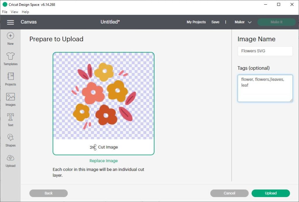 Cricut Design Space upload screen with the SVG version of the flower uploaded