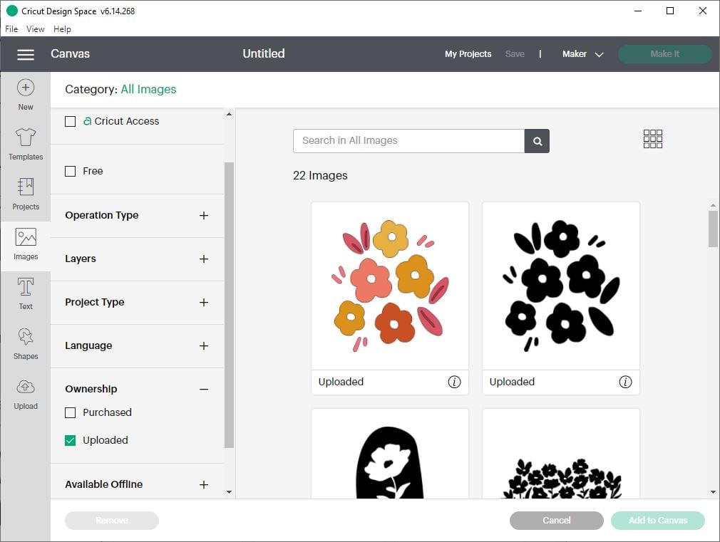 The two versions of the flower image shown in the Image library within Cricut Design Space.