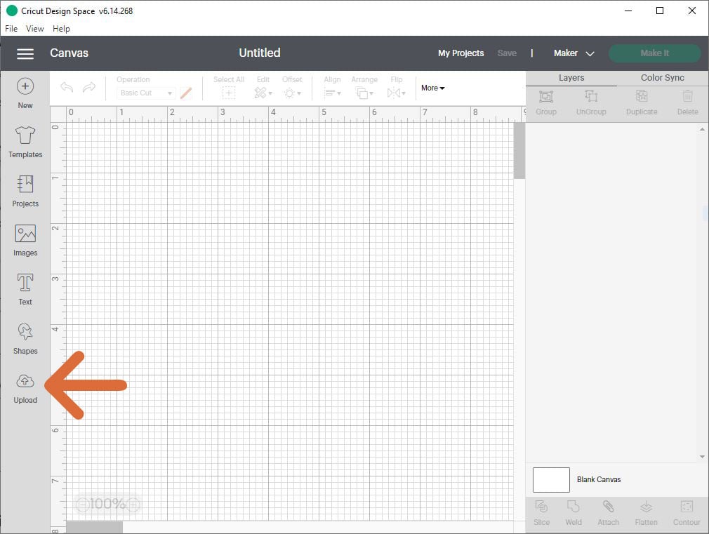 Cricut Design Space canvas screen with the Upload button highlighted by an arrow