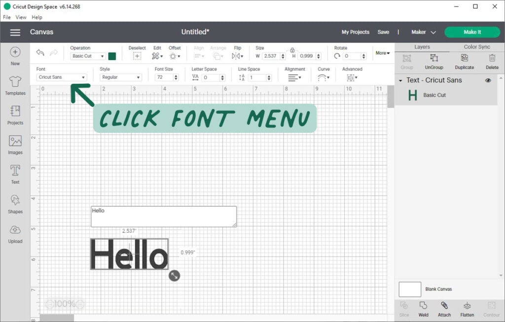 screenshot of cricut design space canvas screen showing the font menu dropdown