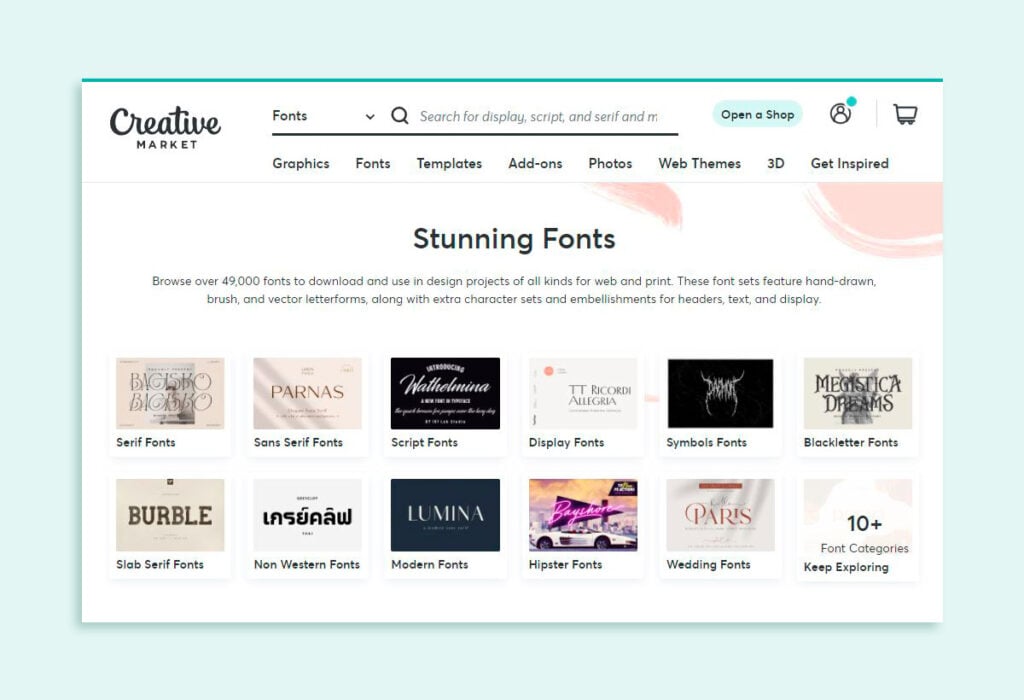 screen shot of creative market font web page