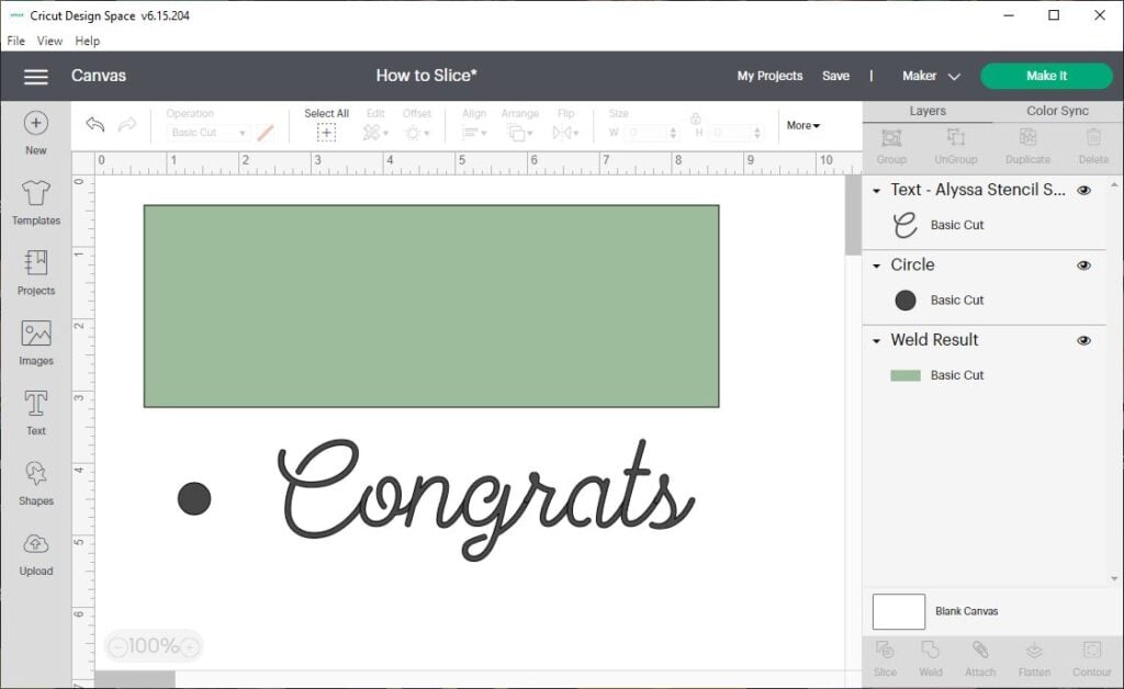 screen shot of Cricut Design Space with a green rectangle and the word Congrats