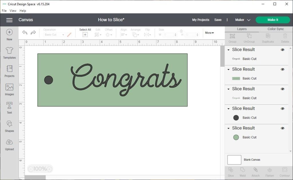 screen shot of Cricut Design Space with a green rectangle and the word Congrats