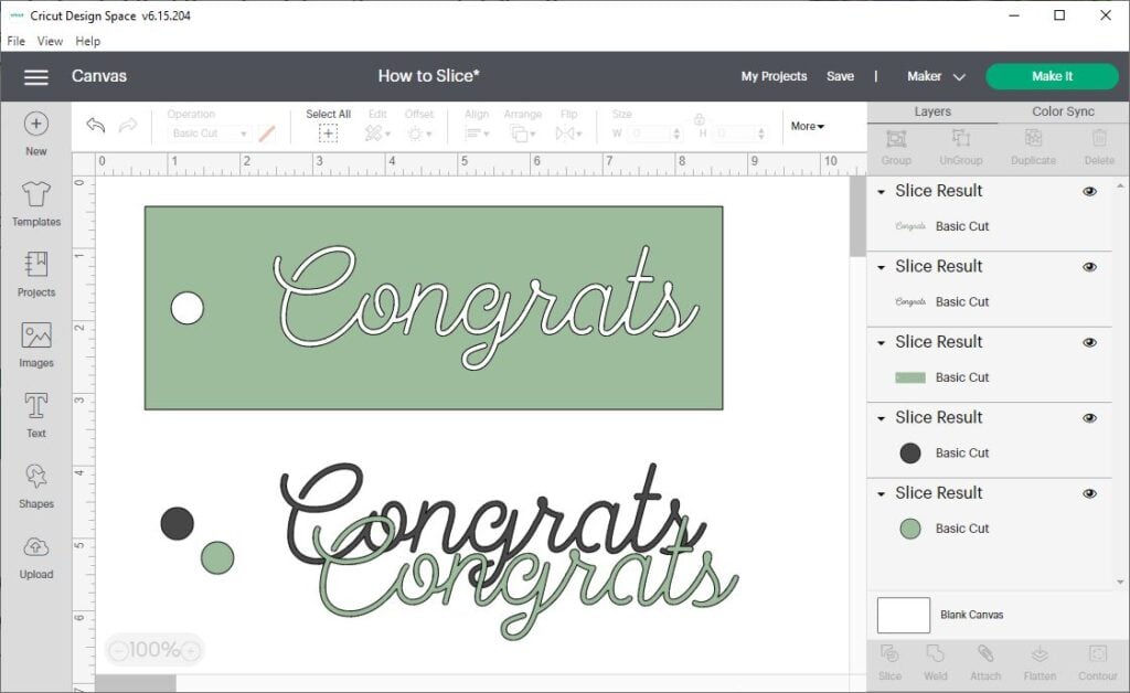 screen shot of Cricut Design Space with a green rectangle and the word Congrats cut out of it with the Slice tool