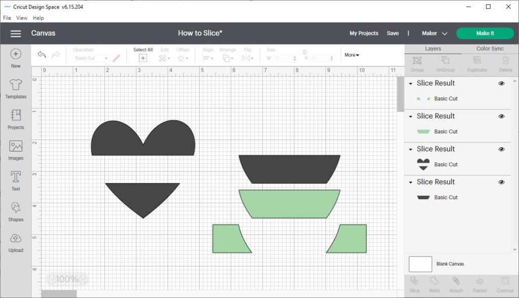 screen shot of Cricut Design Space showing the slice result of a black heart and a green rectangle