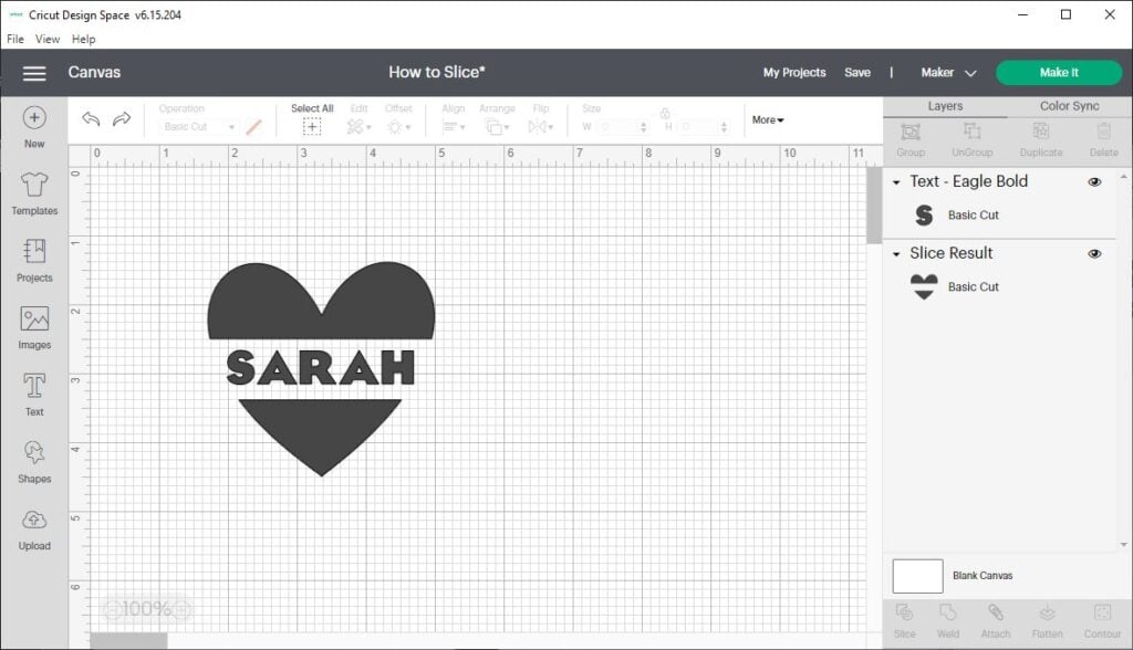 screen shot of Cricut Design Space showing the slice result of a black heart with the word Sarah