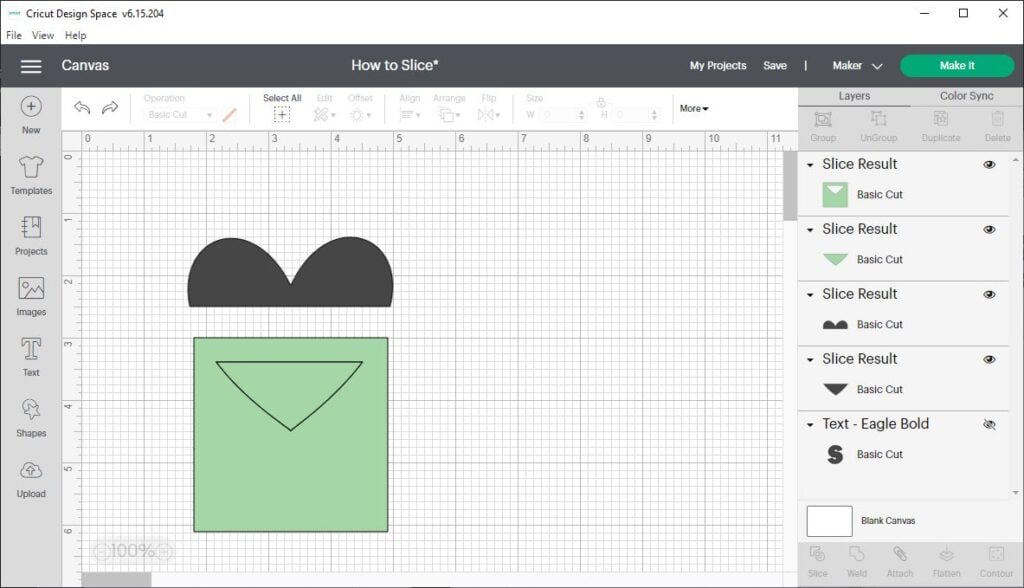 screen shot of Cricut Design Space showing the slice result of a black heart and a green square