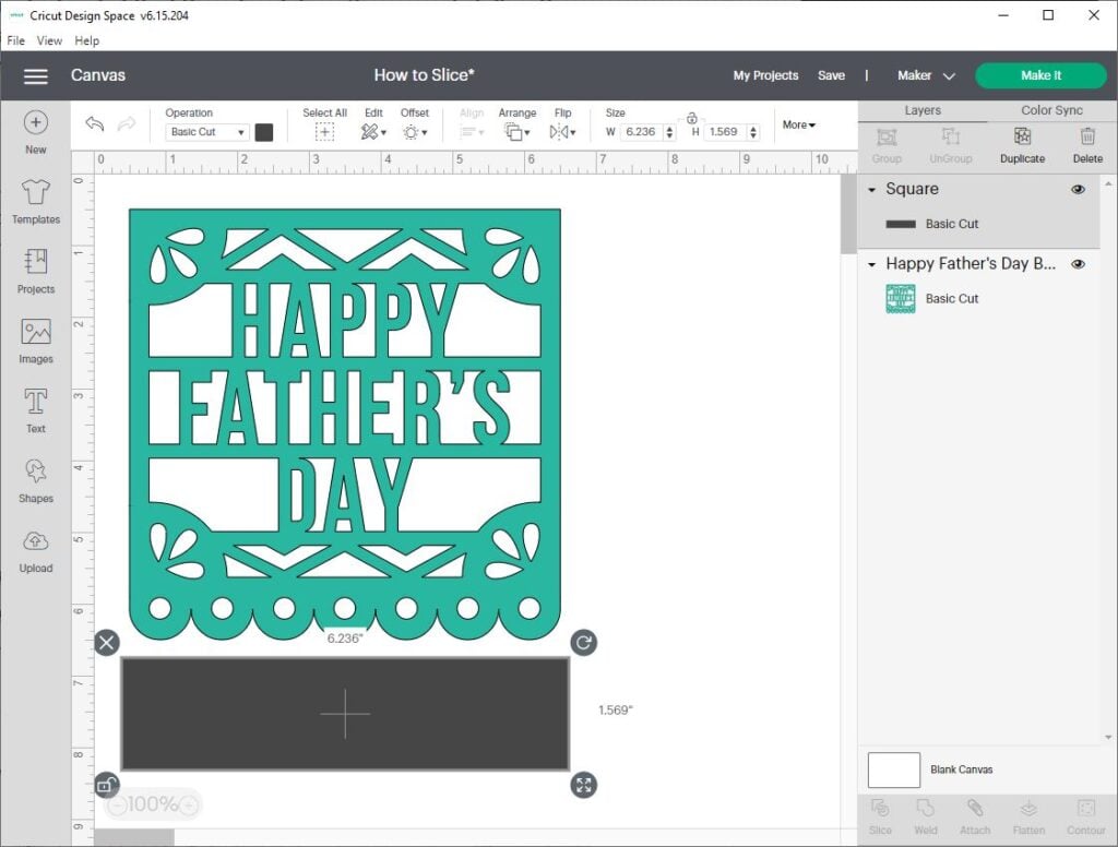 screen shot of Cricut Design Space with a blue Father's Day banner and a black rectangle