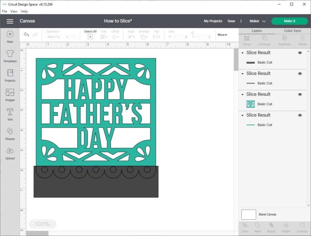 screen shot of Cricut Design Space with a blue Father's Day banner and a black rectangle