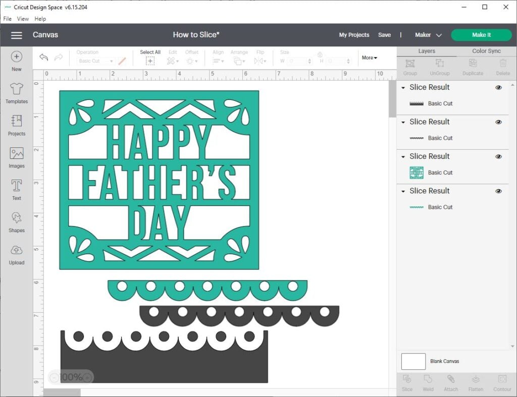 screen shot of Cricut Design Space showing the slice results of a blue Father's Day banner and a black rectangle