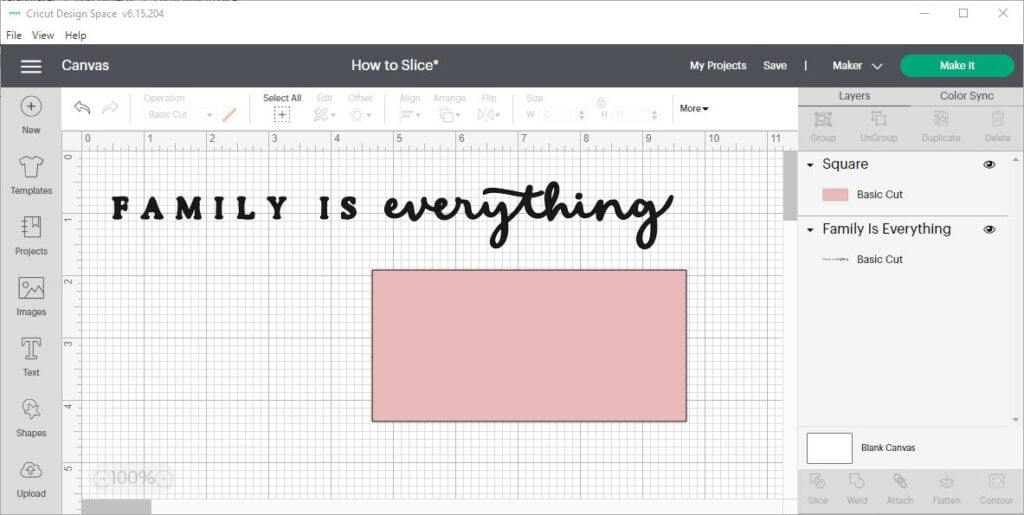 screen shot of Cricut Design Space with the words "family is everything" and a pink rectangle