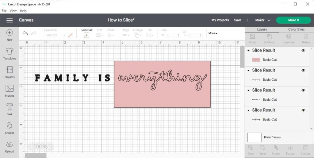 screen shot of Cricut Design Space with the words "family is everything" and a pink rectangle