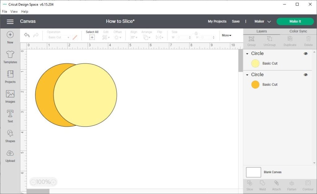 screen shot of Cricut Design Space with two overlapping circles in orange and yellow