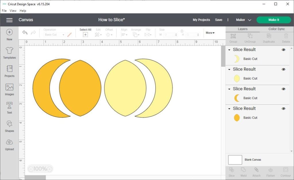 screen shot of Cricut Design Space with the Slice result of two circles in orange and yellow