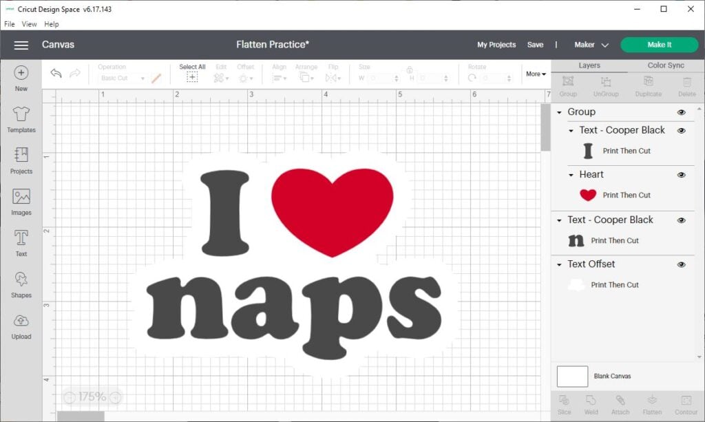 screenshot of Cricut Design Space Canvas screen with a I heart naps sticker after pressing Unflatten