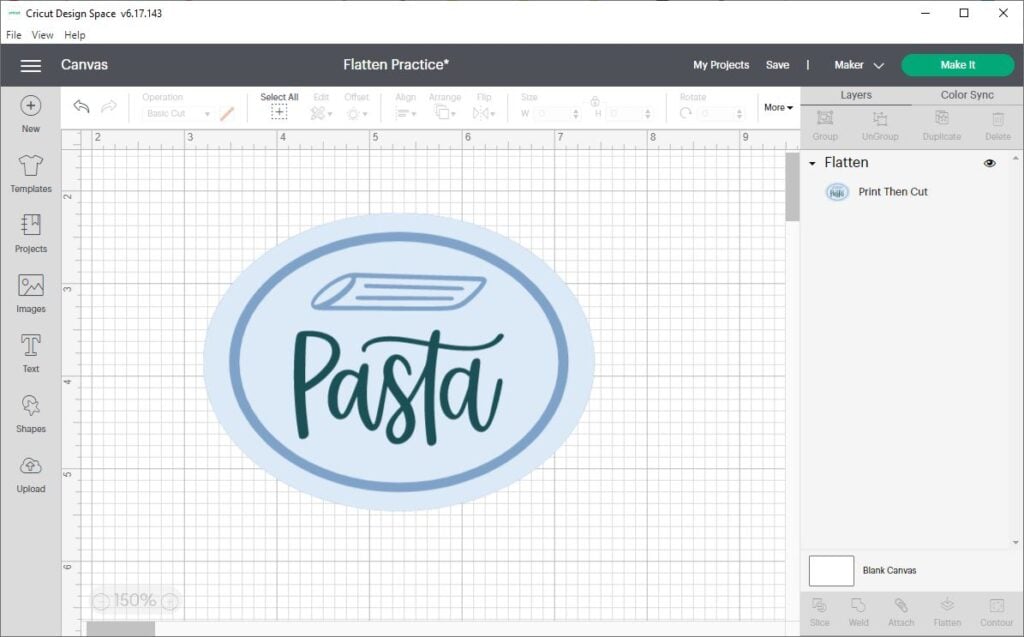 screenshot of Cricut Design Space with a flattened Print Then Cut layer of a blue oval with the word Pasta