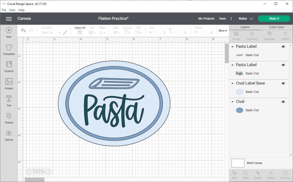 screenshot of Cricut Design Space with a blue oval label with the word Pasta