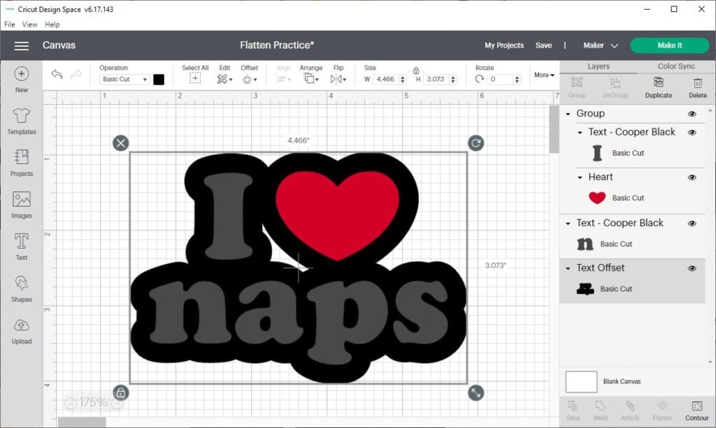 screenshot of Cricut Design Space Canvas screen with the Flattened text I heart naps with a black offset added