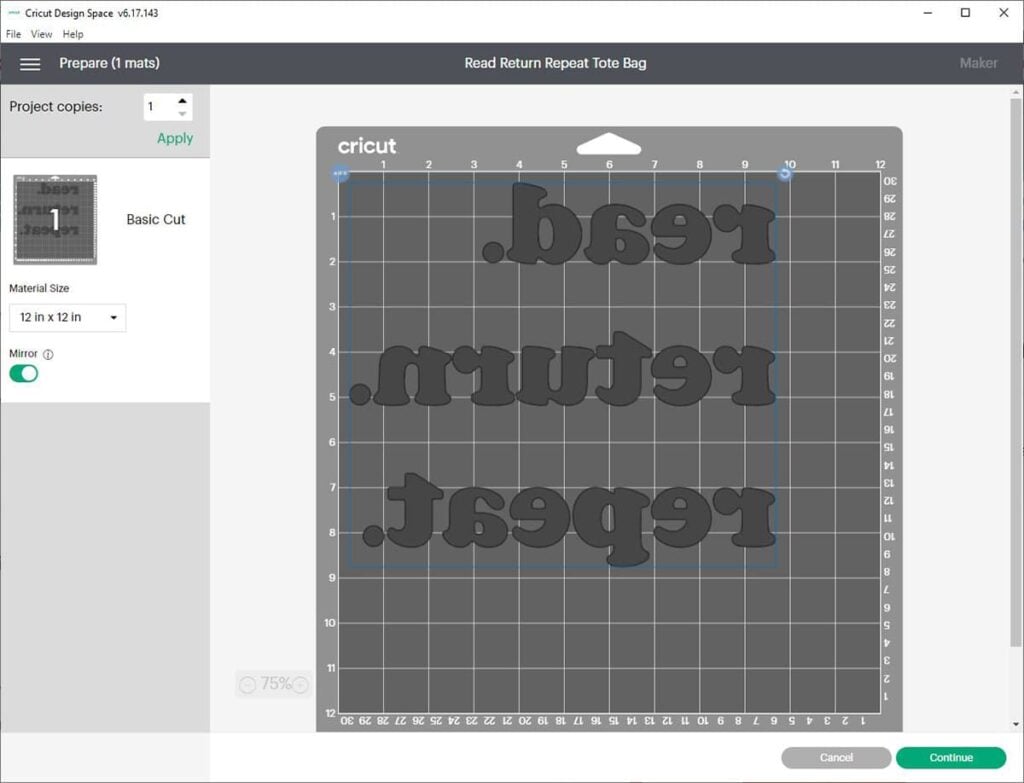 The Prepare screen of Cricut Design Space showing a mirrored design.