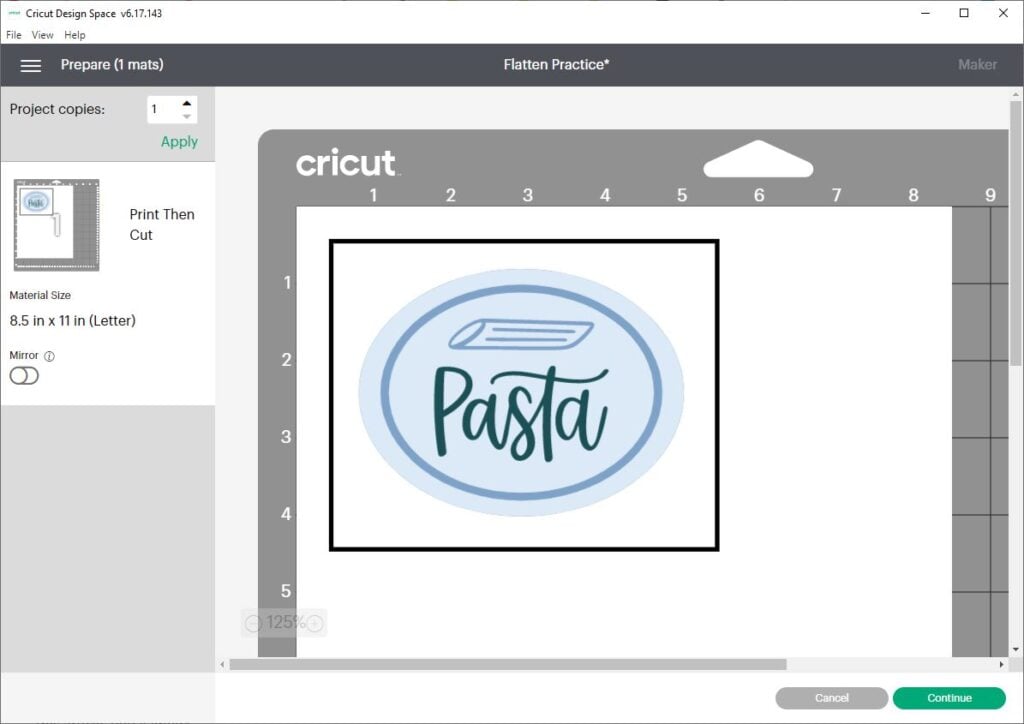 screenshot of Cricut Design Space mat preview screen with a blue oval label with the word Pasta