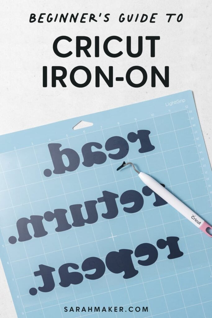 pin image with black iron-on vinyl on a blue cuttin gmat with the words "beginner's guide to cricut iron-on"