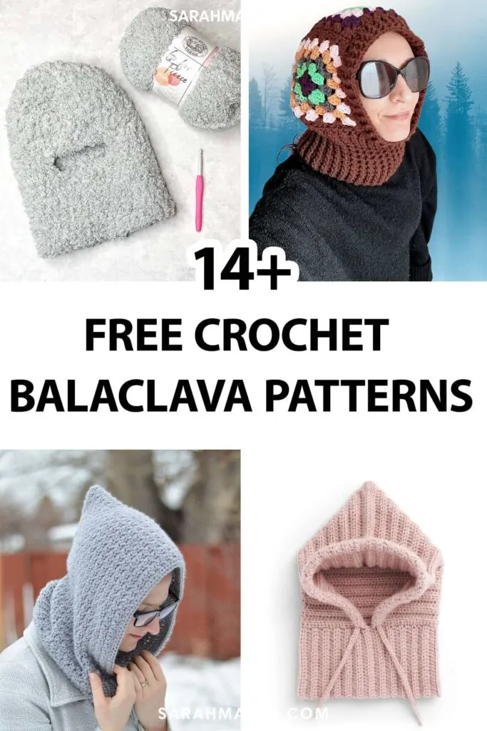 photo collage of a gray crochet sherpa hood, a crochet ribbed hood, a women's crochet hooded cowl, and a crochet granny square balaclava