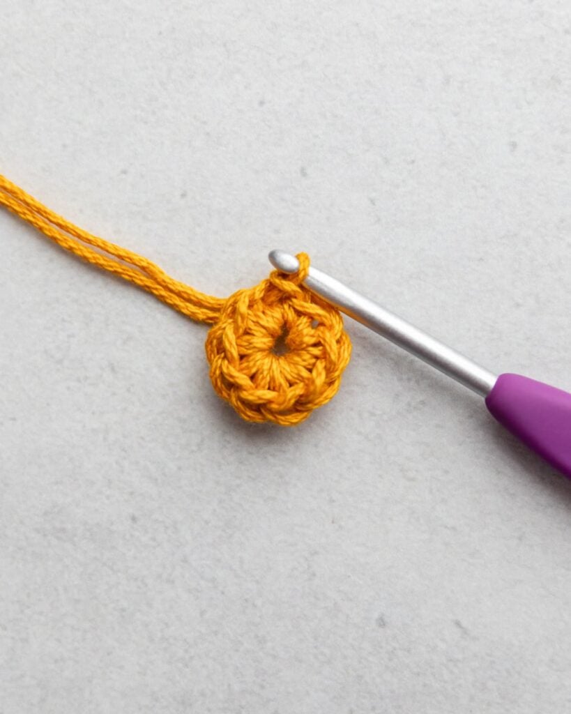 a ring of yellow crochet stitches to start the flower pattern